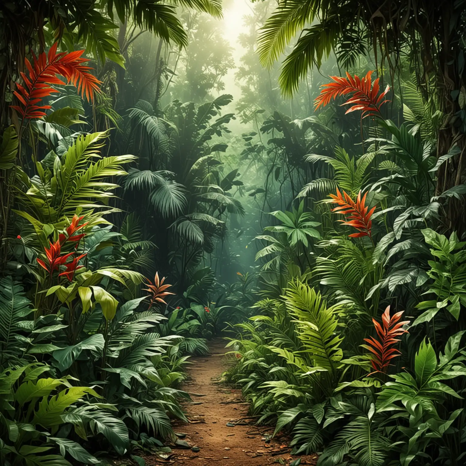 Vivid Jungle Scene with Lush Jungle Leaves and Dense Forest Background