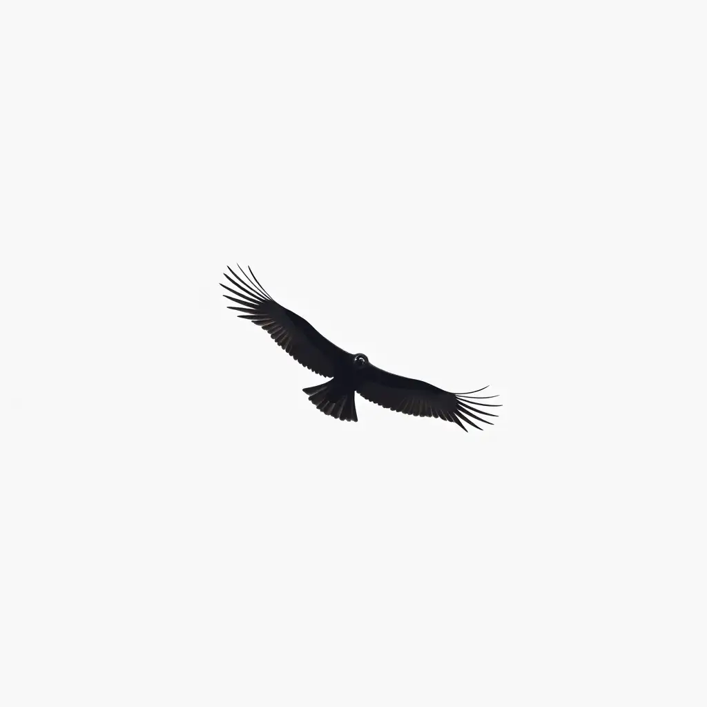 on a completely white canvas, a small black elegant and delicate condor, is seen in the distance, flying straight towards the camera