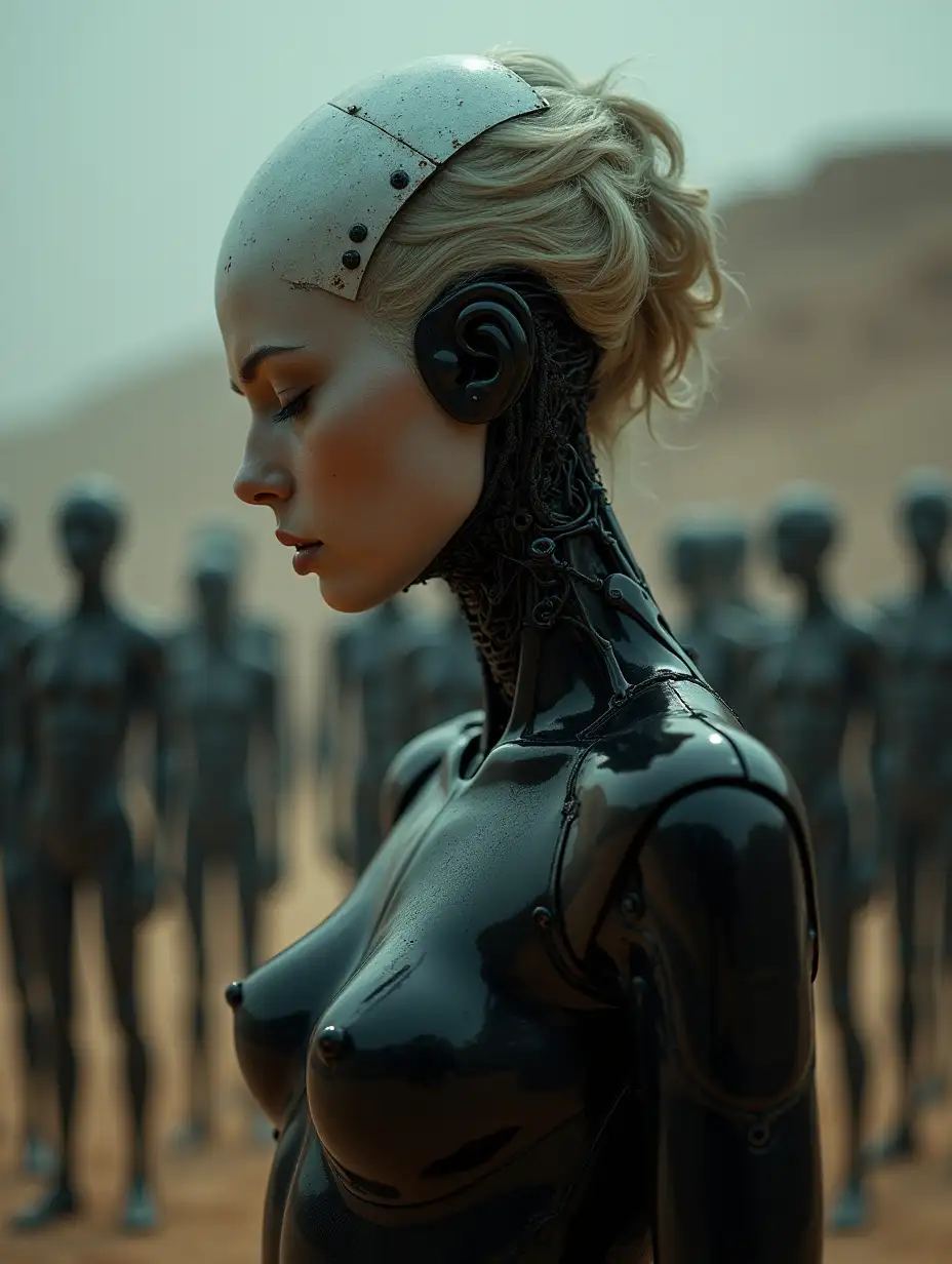 This transgressive and unique portrayal dives into the Body blonde android. obsessive-compulsive nature of art itself. The scene unfolds in enigmatic lighting, where shadows play against stark contrasts. A close-up reveals the autogeometric elegance of her form, amidst a dystopian backdrop suggestive of an impending Armageddon. Composition features a crowd of androids with metal bodies. Metamodern art, raw textured, capturing the essence of a nightmarish dreamscape. A slender figure caught in a moment of ecstatic introspection, enveloped in noir tonality. A large group of mannequins, standing bizarrely chaotically with each other, forms a massive mess against the background of a desert landscape, inspired by the unique style of Stanley Twardovich. by the movie SPLIT. Paranoid schizophrenia Style Anton Semenov + Bosch Light and Darkness --ar 3:5 --q 2 --s 1000 --seed 6 --style raw --weird 50 --chaos 11