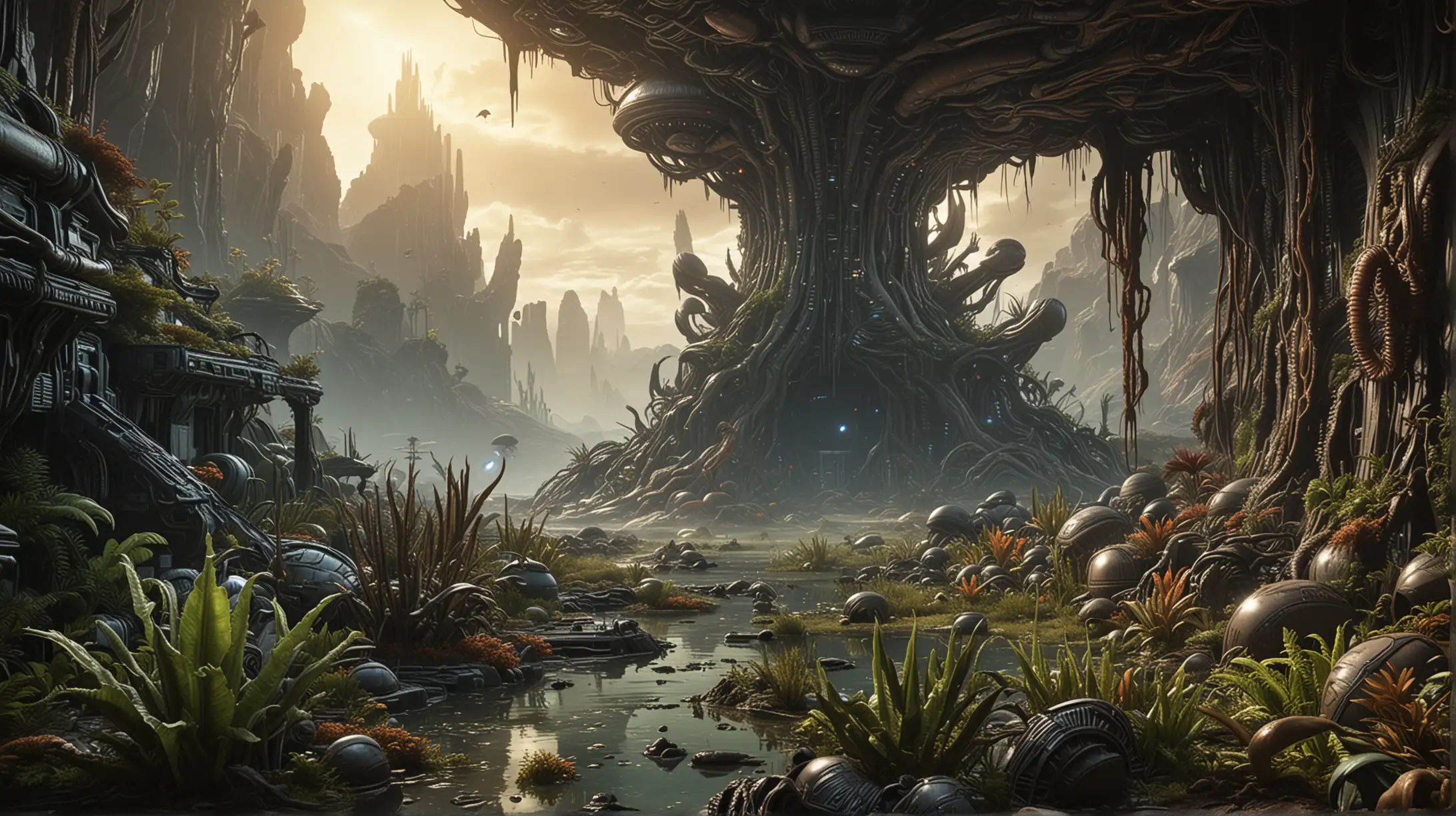 Eldritch Alien Landscape with Xenomorphs and Strange Plants