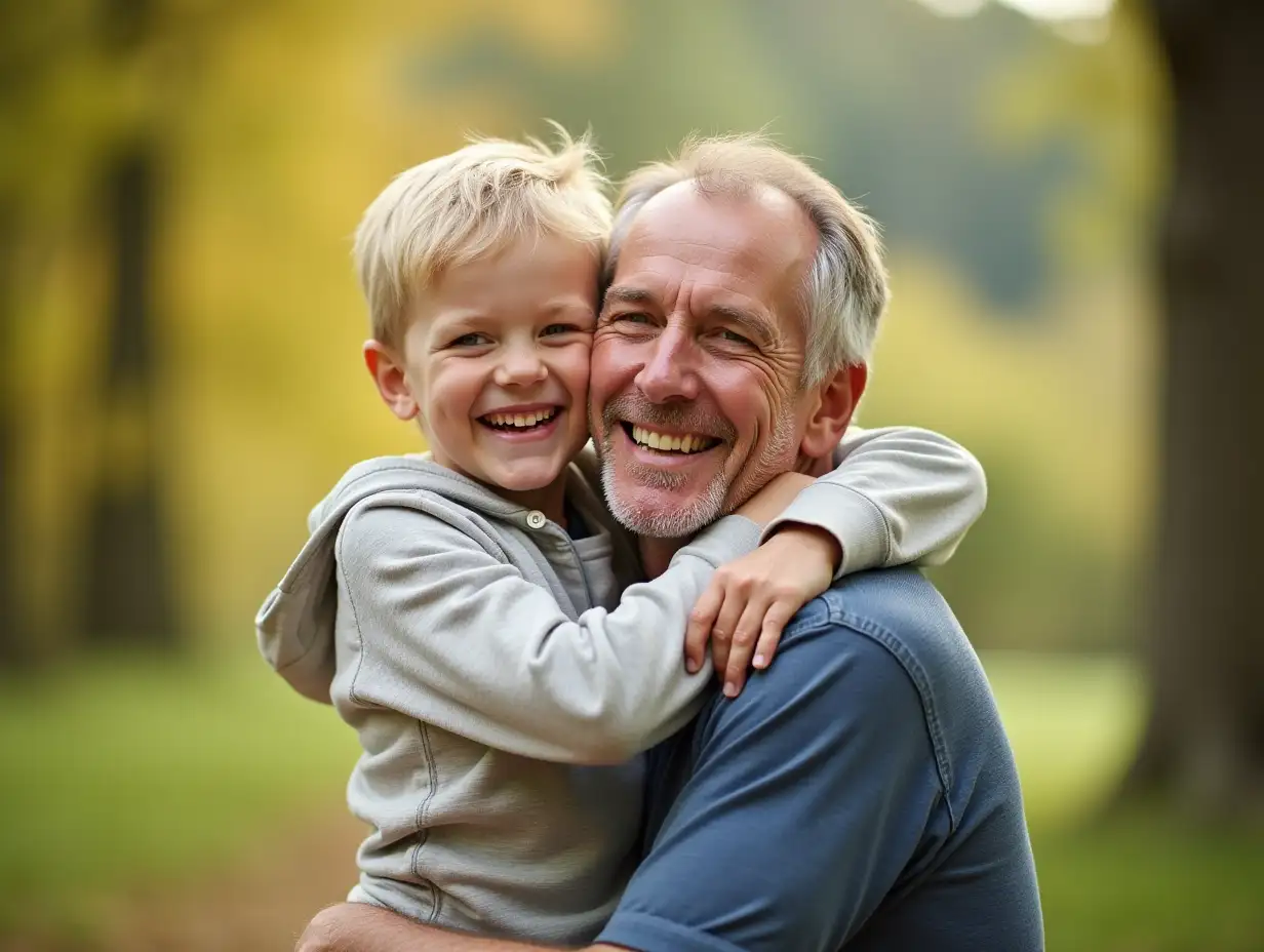 Father portrait outdoors hugging.