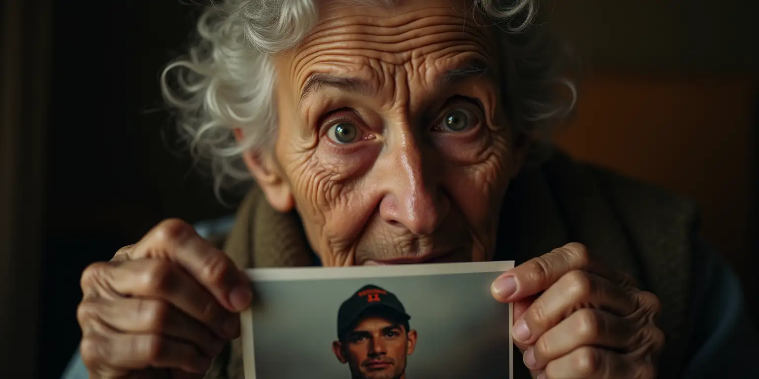 Emotional Portrait of an Elderly Woman Holding Her Soldier Sons Photo