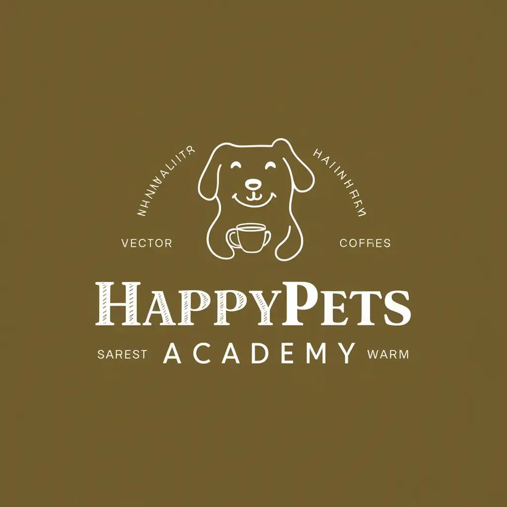 a vector logo design,with the text "HappyPets Academy", main symbol:Create a logo for "HappyPets Academy" that reflects a playful, minimalistic, and cozy style similar to the examples provided. The logo should feature a simple, hand-drawn style cartoon dog holding a coffee cup, with clean lines and a minimalistic design. Use earthy tones such as olive green and warm beige to create a warm and inviting feel. The design should include the text "HappyPets Academy" in a bold, sans-serif font for "HappyPets" and a playful, handwritten font for "Academy". The overall look should be cozy, friendly, and inviting, with a focus on simplicity and warmth, matching the aesthetic of the provided examples which include line drawings and earthy color palettes.,Moderate,be used in Animals Pets industry,clear background