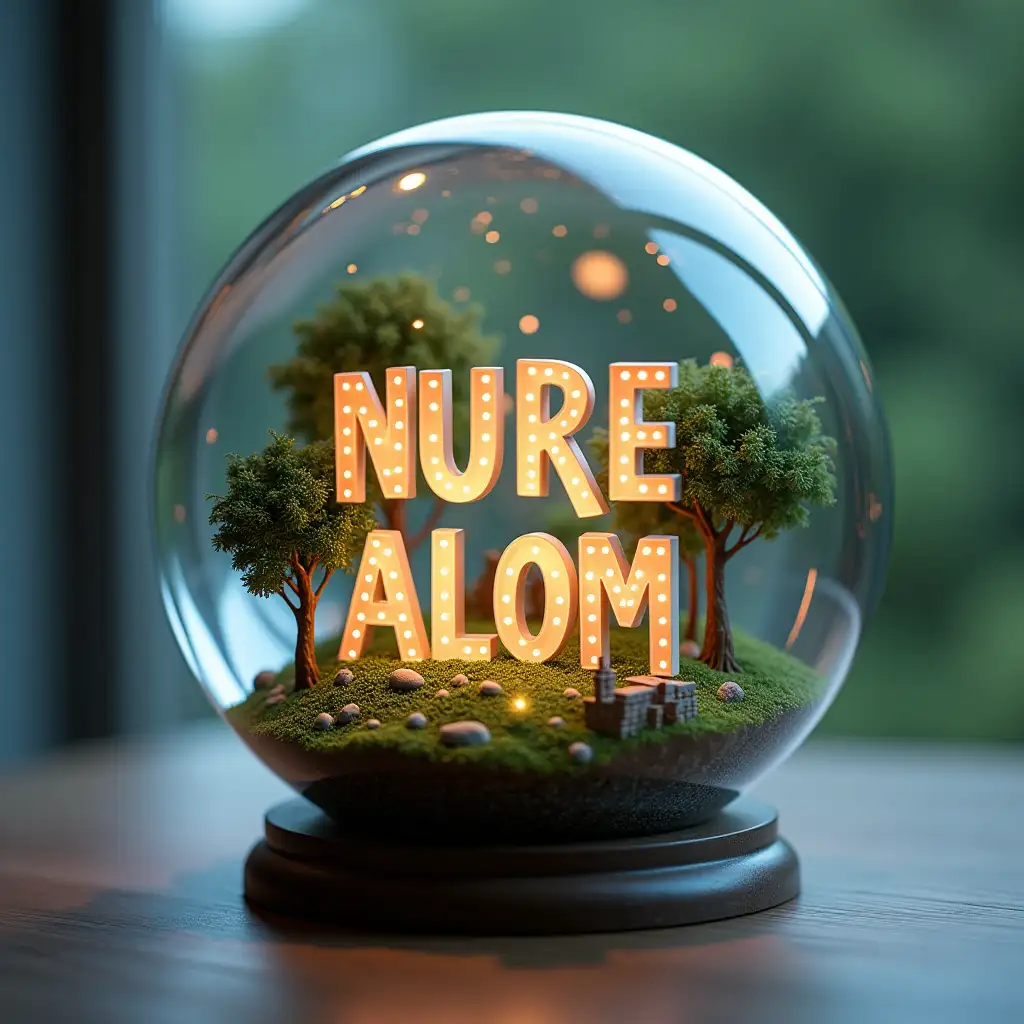 A 3D glass globe with a life-like, miniature world inside, featuring trees, small structures, and soft natural elements. The name ’NURE ALOM’ is elegantly placed inside the globe, with the letters glowing and highlighted to stand out, as if floating within the sphere. The scene is set against a soft, blurred background, enhancing the focus on the illuminated name and the intricate details of the globe. Subtle highlights reflect off the glass surface, creating a magical, ethereal effect, with gentle lighting that brings attention to the name and the tiny world within.