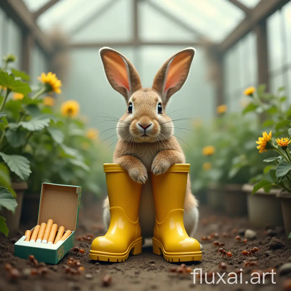 a rabbit in yellow rubber boots, in a greenhouse, near a pack of cigarettes and ants