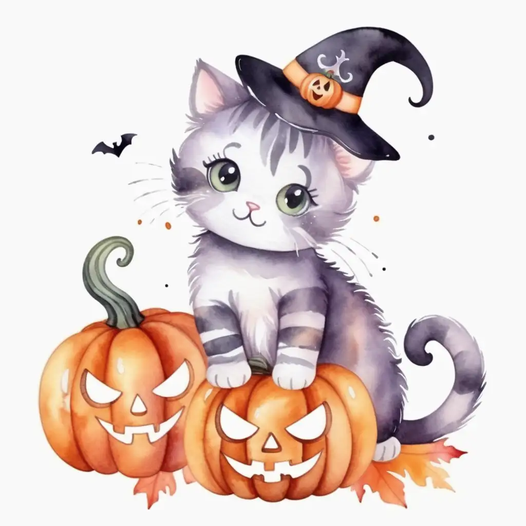 Watercolor Cute Halloween Cat with Pumpkin