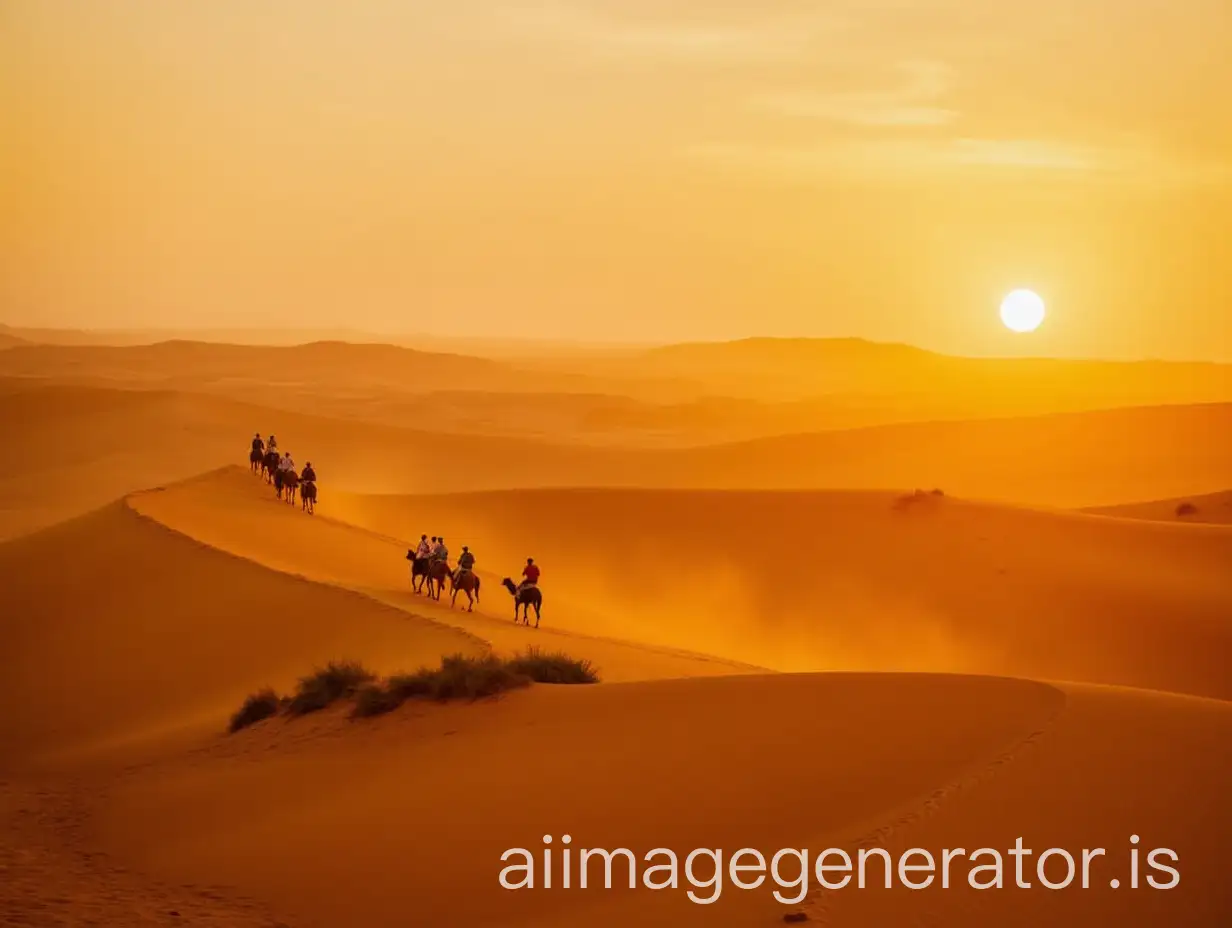 Golden-Sand-Dunes-at-Sunset-with-Horses-Walking-in-the-Distance