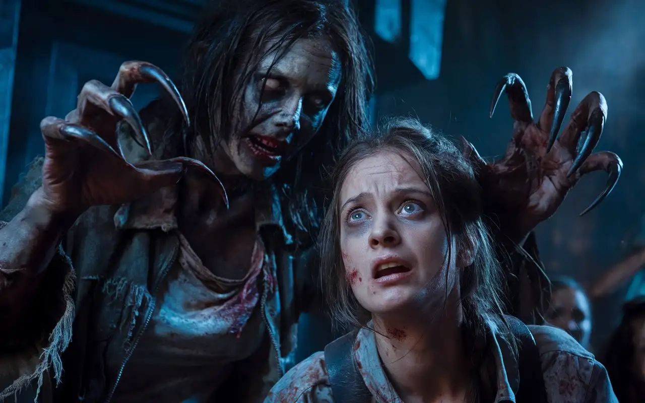 Zombie-Woman-with-Clawed-Nails-Terrorizes-Human-Woman-in-Dark-Night-Scene