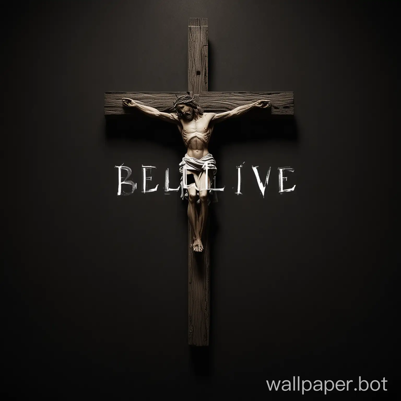 Black background with a Jesus Cross, with text: ’Believe’