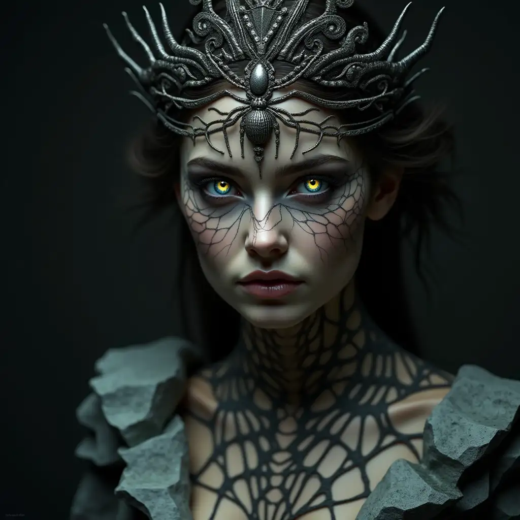 Woman-with-SpiderLike-Eyes-and-Webbed-Skin-Detail-Featuring-WebInspired-Tiara