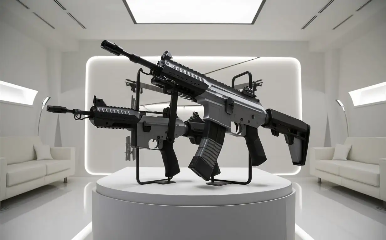 Firearms, minimalist design, modern background, white room, clean lines, sleek, high-tech, precision craftsmanship, advanced features, innovative elements, ergonomic shapes, subtle lighting, no harsh shadows, futuristic style, professional use, reliability, durability, ease of use, comfort, firearms displayed in the background, well-lit environment, modern lighting fixtures.