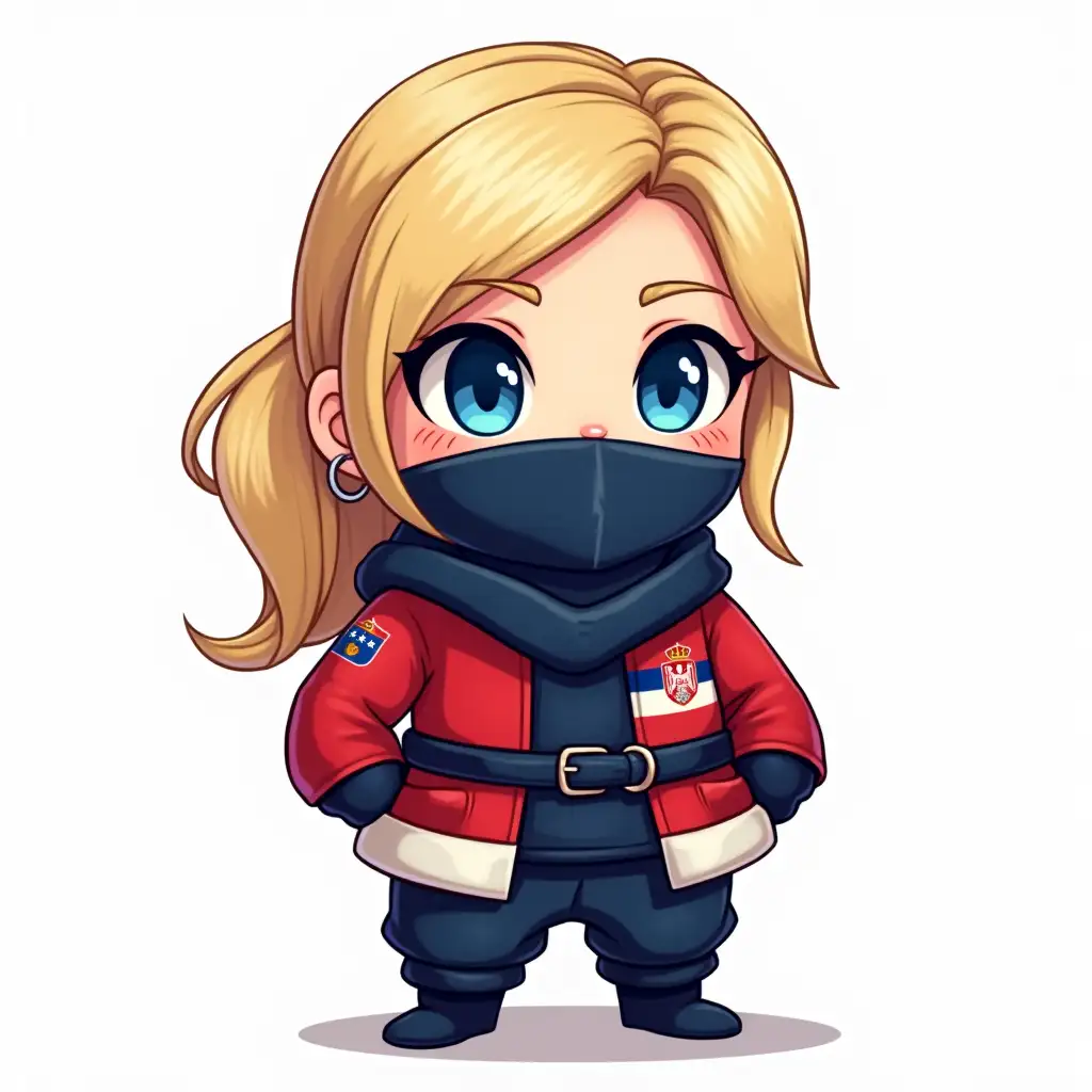 a Serbian female blonde blue eyed ninja to use as slack emoji, incorporate the Serbian flag colors red white and blue somewhere in her outfit, cute comic style. use transparent background, very simple style for small emoji, show upper body and head