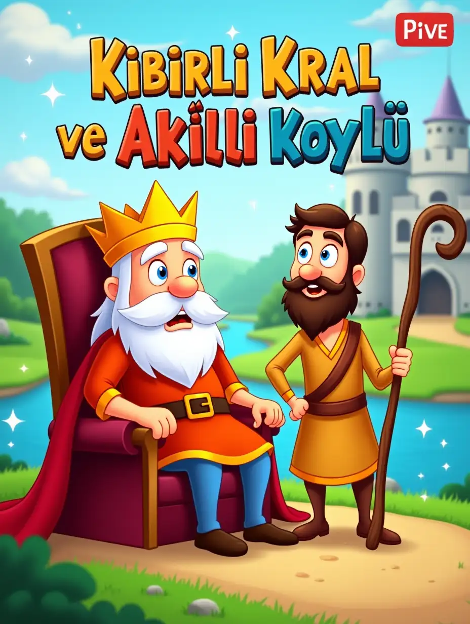 A colorful and whimsical illustration designed as a YouTube thumbnail for a fairy tale titled 'Kibirli Kral ve Akıllı Köylü'. The image features a proud king wearing a gleaming golden crown, sitting on a grand throne in a castle with a puzzled expression. Beside him stands a humble but confident peasant holding a simple staff. The background includes a lush kingdom with a flowing river, vibrant green fields, and magical sparkles around the characters. Bold, playful, and colorful text says 'Kibirli Kral ve Akıllı Köylü' with a cheerful and adventurous vibe.