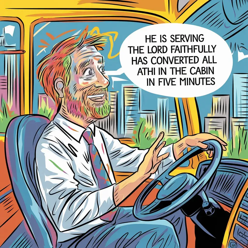 Oleg served the Lord faithfully as a minibus driver And converted all atheists in the cabin in five minutes. The bright, colorful illustration is made with thin contours, incredibly complex and detailed, intricate