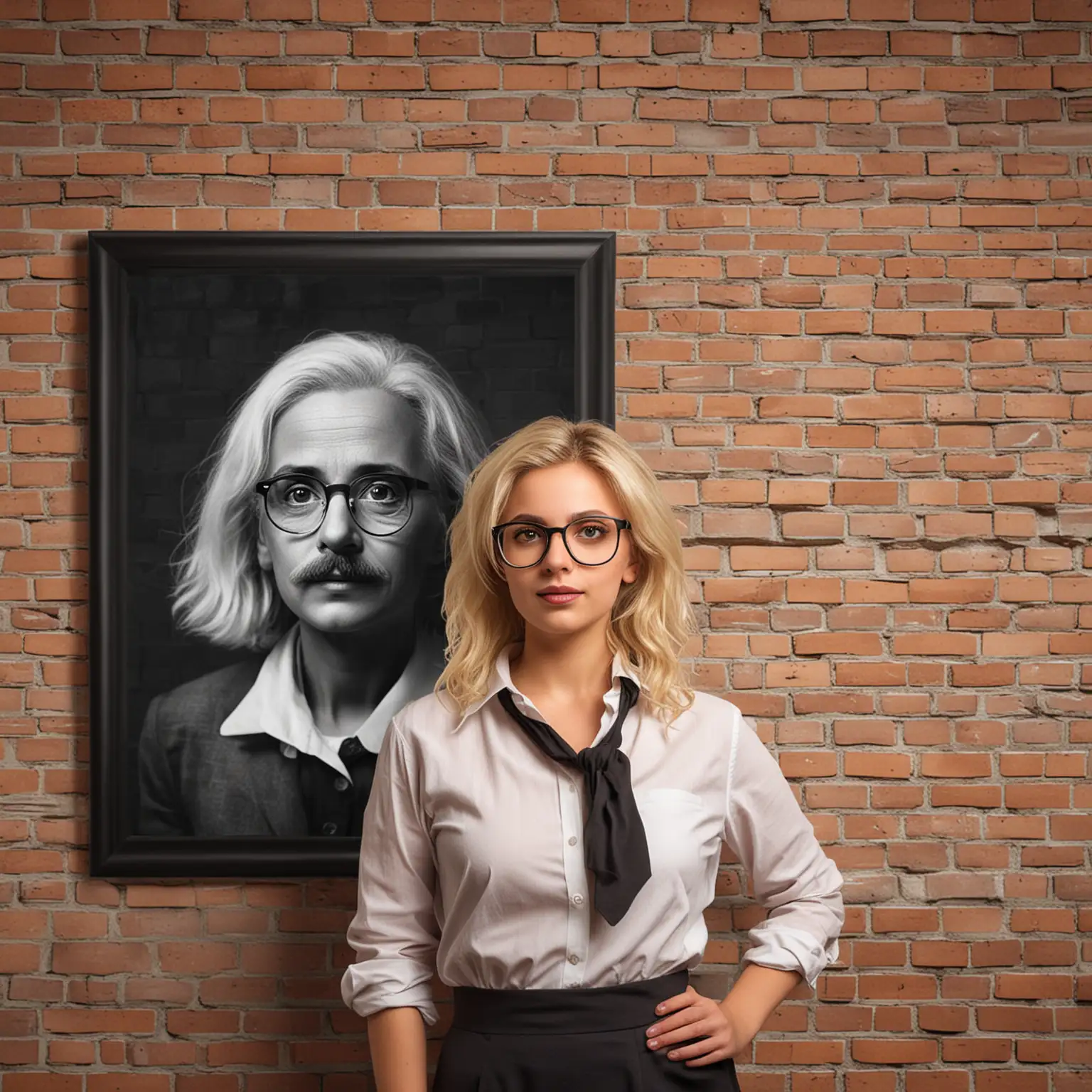 Make a realistic full body image of an attractive blonde woman 5' 3'' 23 year old female professor with beautiful eyes and oversized black framed glasses with Albert Einstein projected behind her on a brick wall