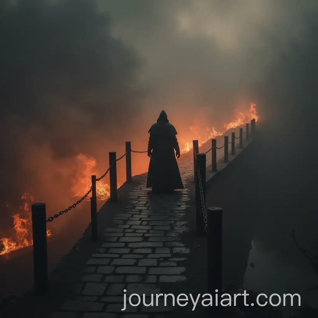 Solitary-Black-Knight-on-Bridge-Amidst-Fire-and-Shadows