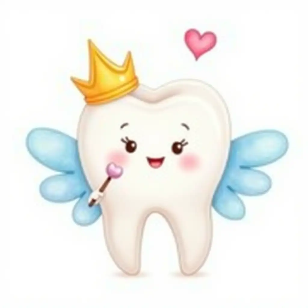 A whimsical cartoon tooth character with cheerful facial features, wearing a yellow crown and holding a magic wand, has light blue wings. Above the character, a small pink heart floats, adding a playful and friendly atmosphere to the illustration. The design uses soft watercolor textures, enhancing its charm and cuteness. Vibrant colors. Watercolor 3d illustration