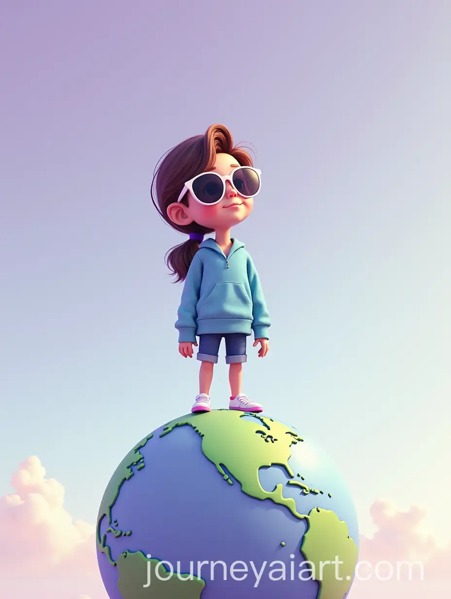 5ft-10-Girl-with-Sunglasses-Standing-on-Globe-Blue-Top-and-Purple-Background