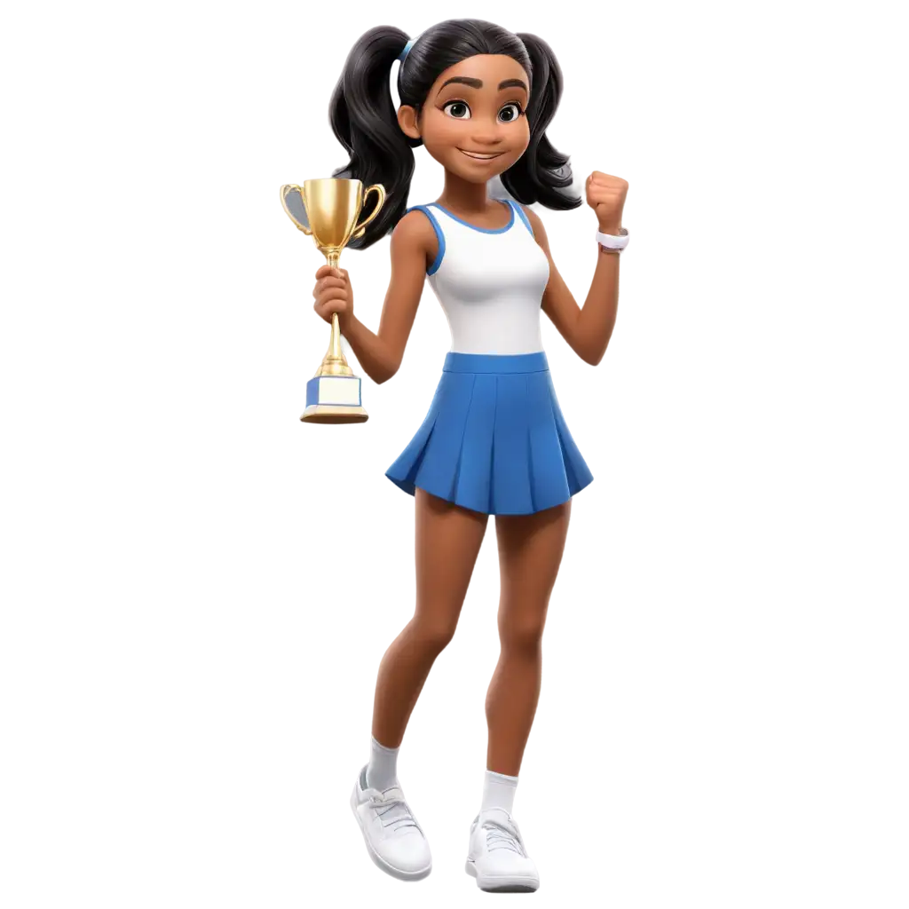 Realistic-Cartoon-Character-PNG-Image-of-an-11YearOld-Girl-Celebrating-with-Trophy