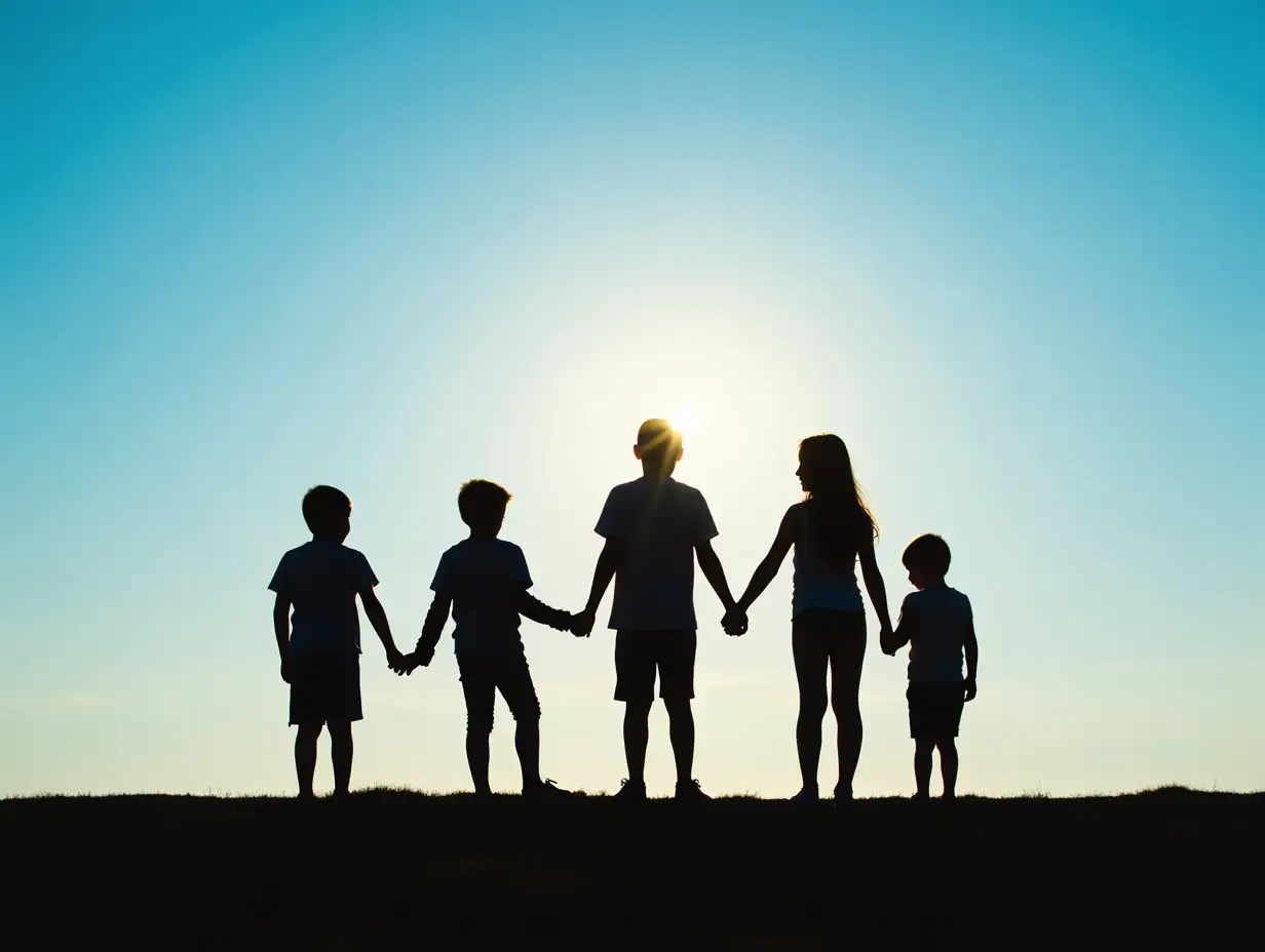 5 kids in Silhouette holding hands under blue sky