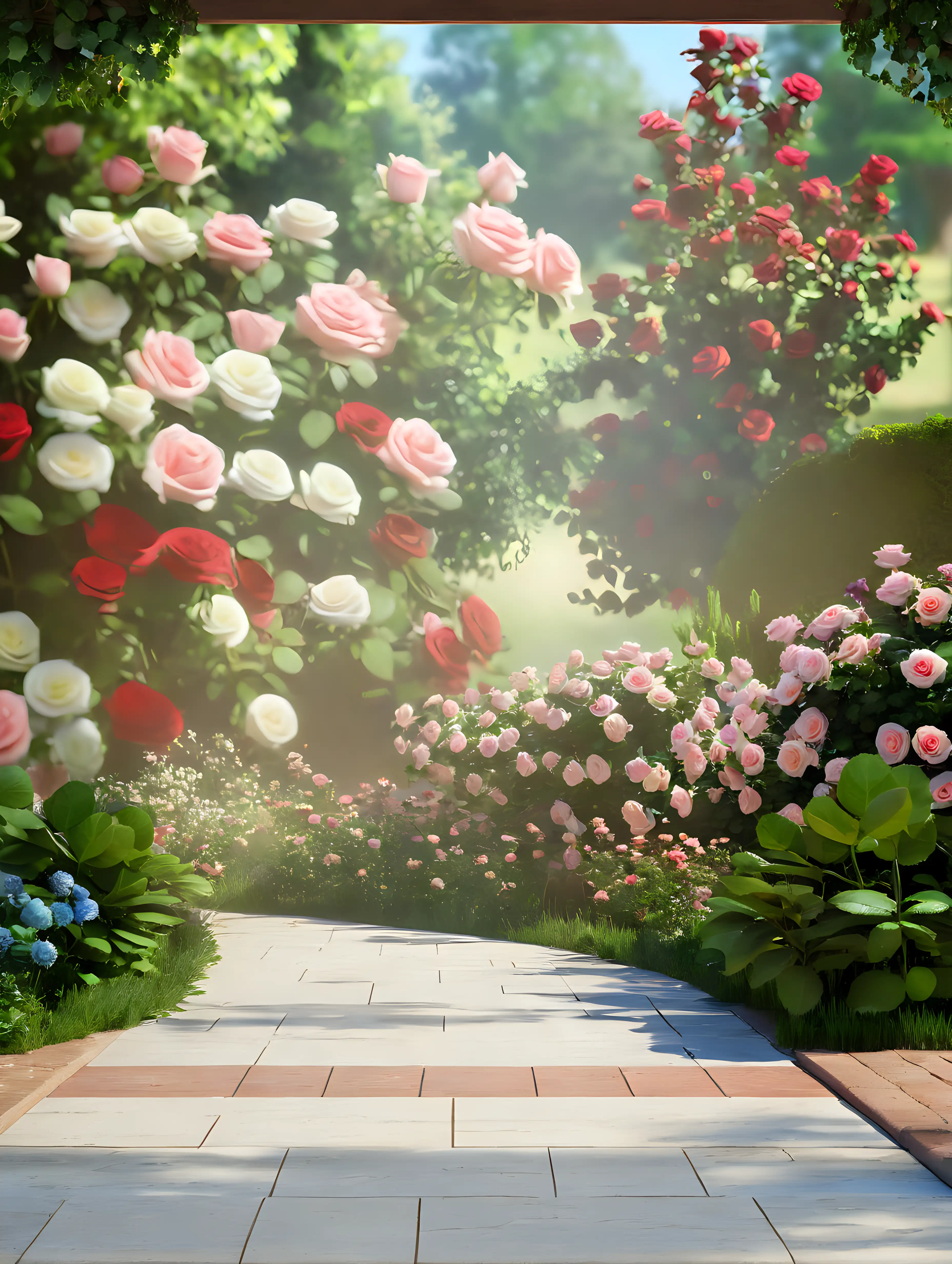 Serene Garden Path with Roses and Trees