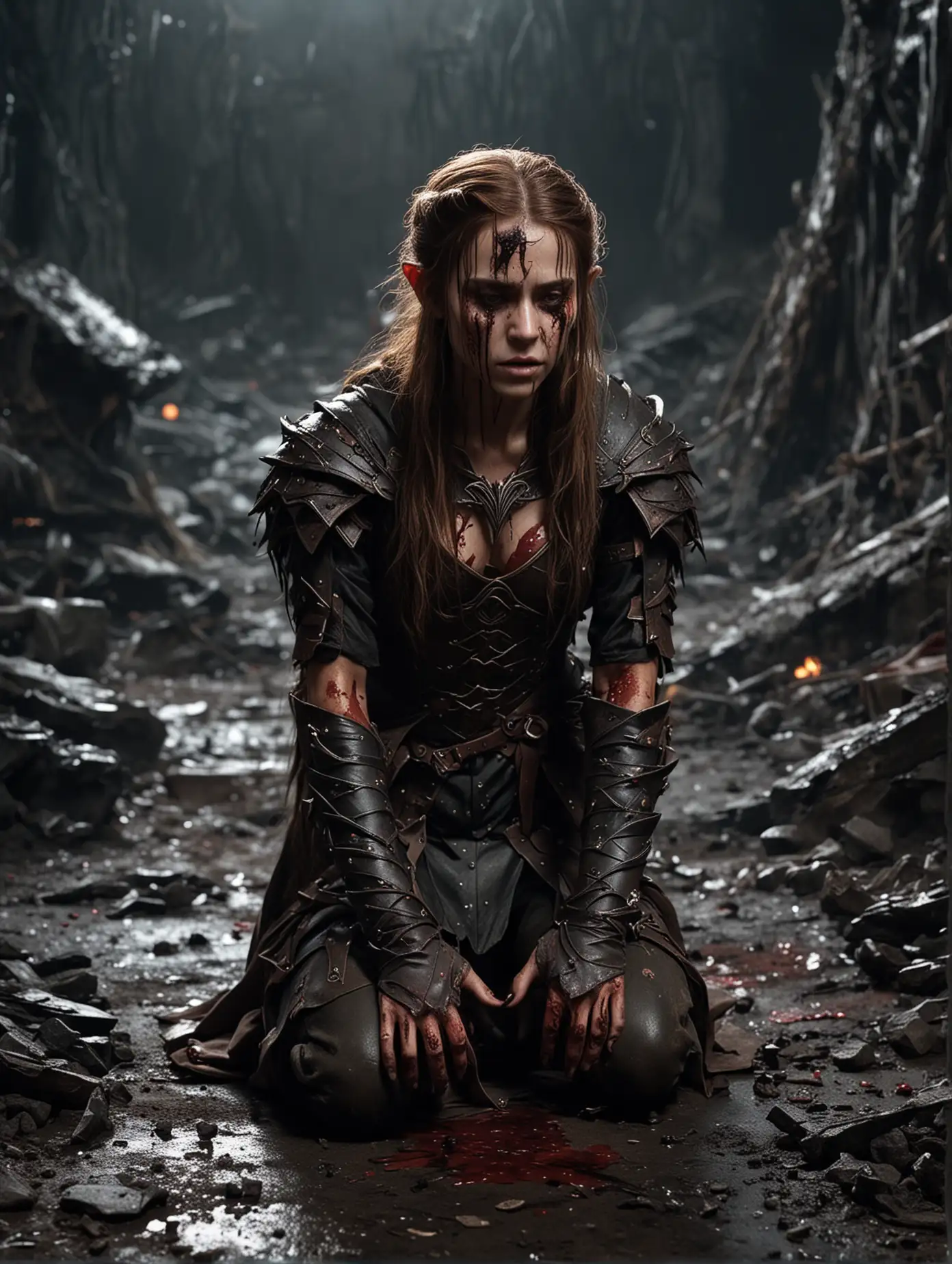 Elven-Huntress-Wounded-on-Desolate-Battlefield-at-Night