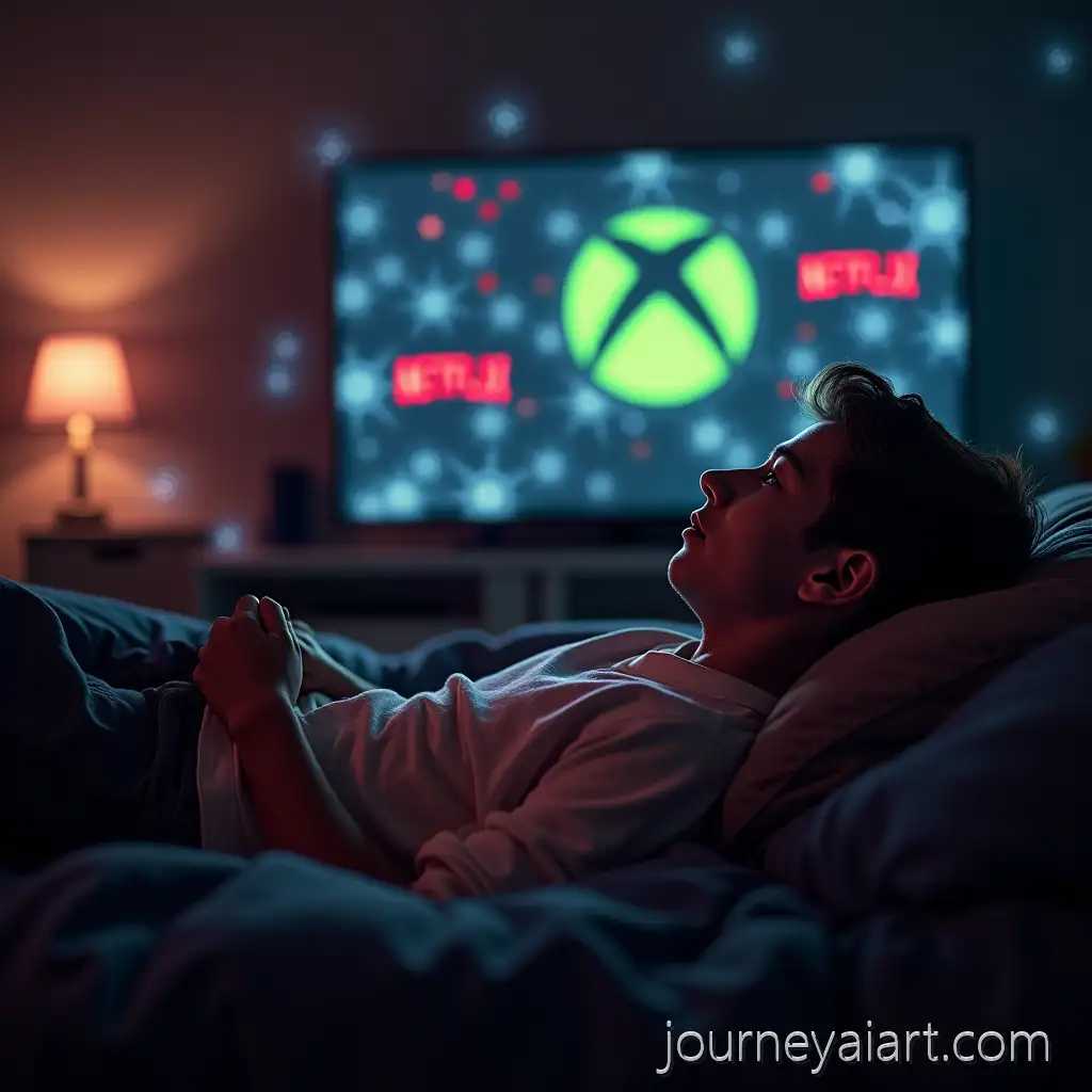 Young-Person-Relaxing-at-Home-with-Digital-HologramsAI-Image-Prompt-Expansion-of-Netflix-and-Xbox-in-Cozy-Room
