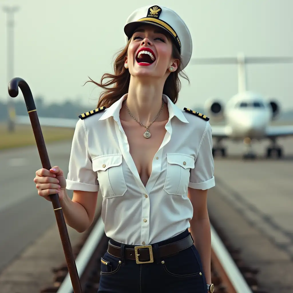 screaming pilot lady , in white unbuttoned airport security shirt, laughing with her mouth open, red lipstick accentuating her smile,belt on waist, jewerly, white skin, HD, holds long riding crop, photo-realism, walking on rails