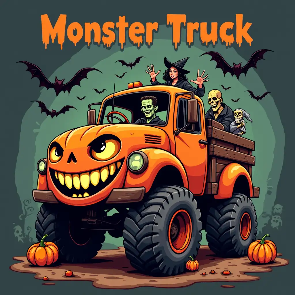 Vector. A monstrous truck, transformed into a pumpkin with a grinning face. A Frankenstein's monster, a skeleton, and a ghost are riding inside, with a witch flying overhead. Background Bats swarm around the truck, and pumpkins are scattered on the ground. the text 'Monster Truck' above it.