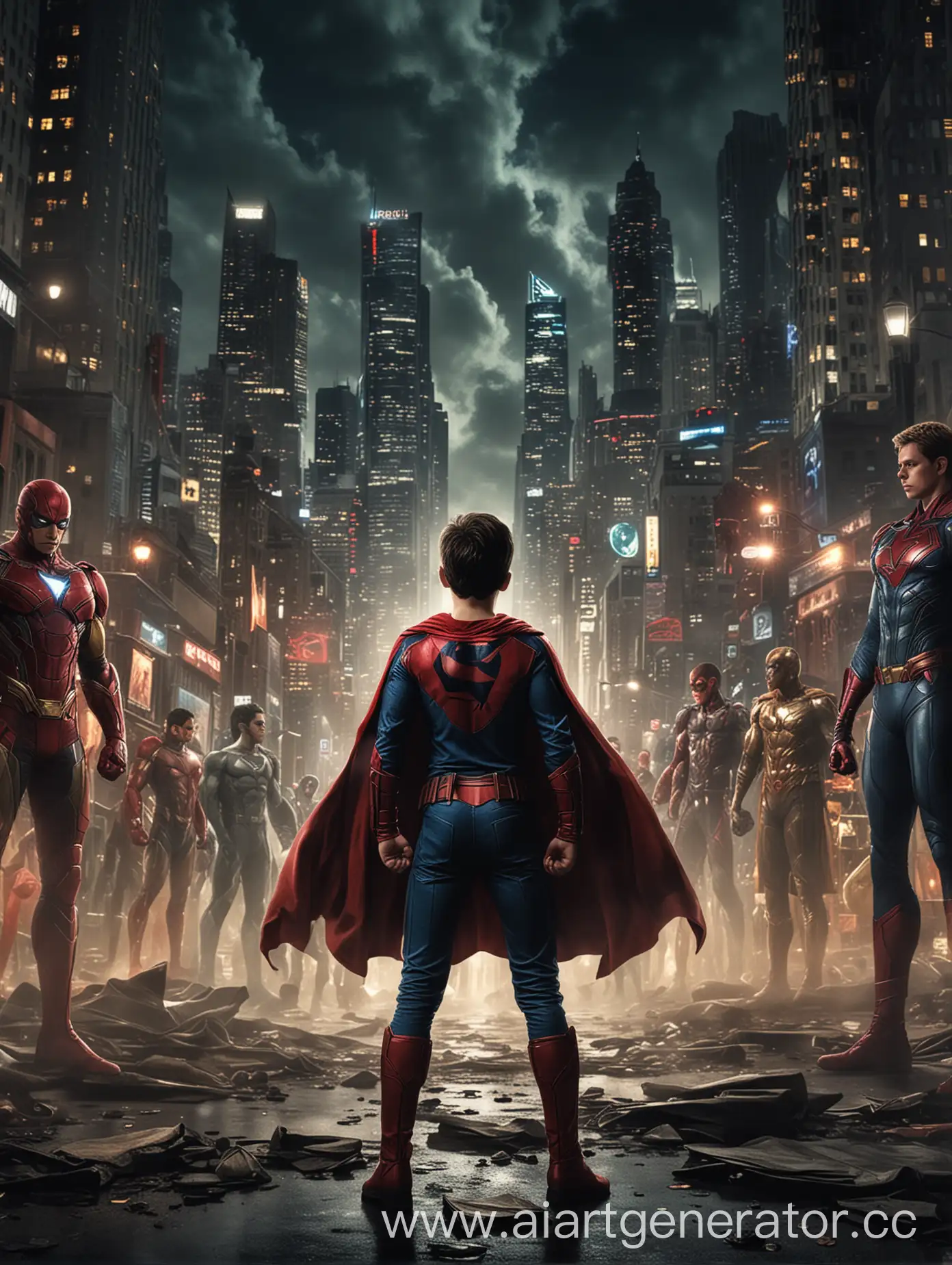 Boy-Standing-Among-Superheroes-with-City-Lights-at-Night