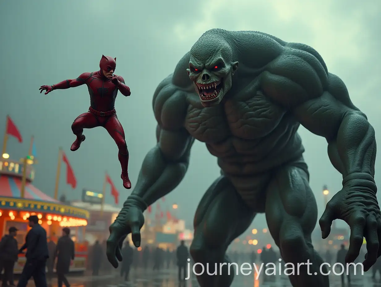 Daredevil-Fighting-Giant-Monster-in-Fairground-Rain