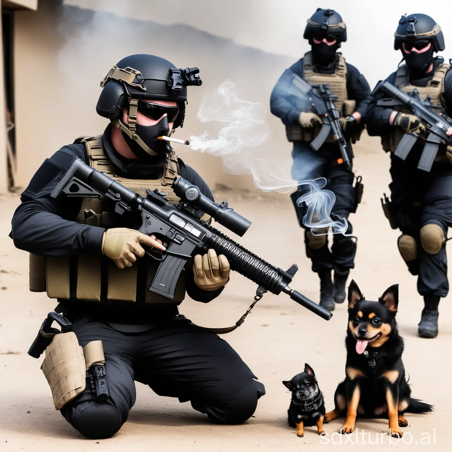 Smoking, holding a gun, with special forces equipment on a little dog