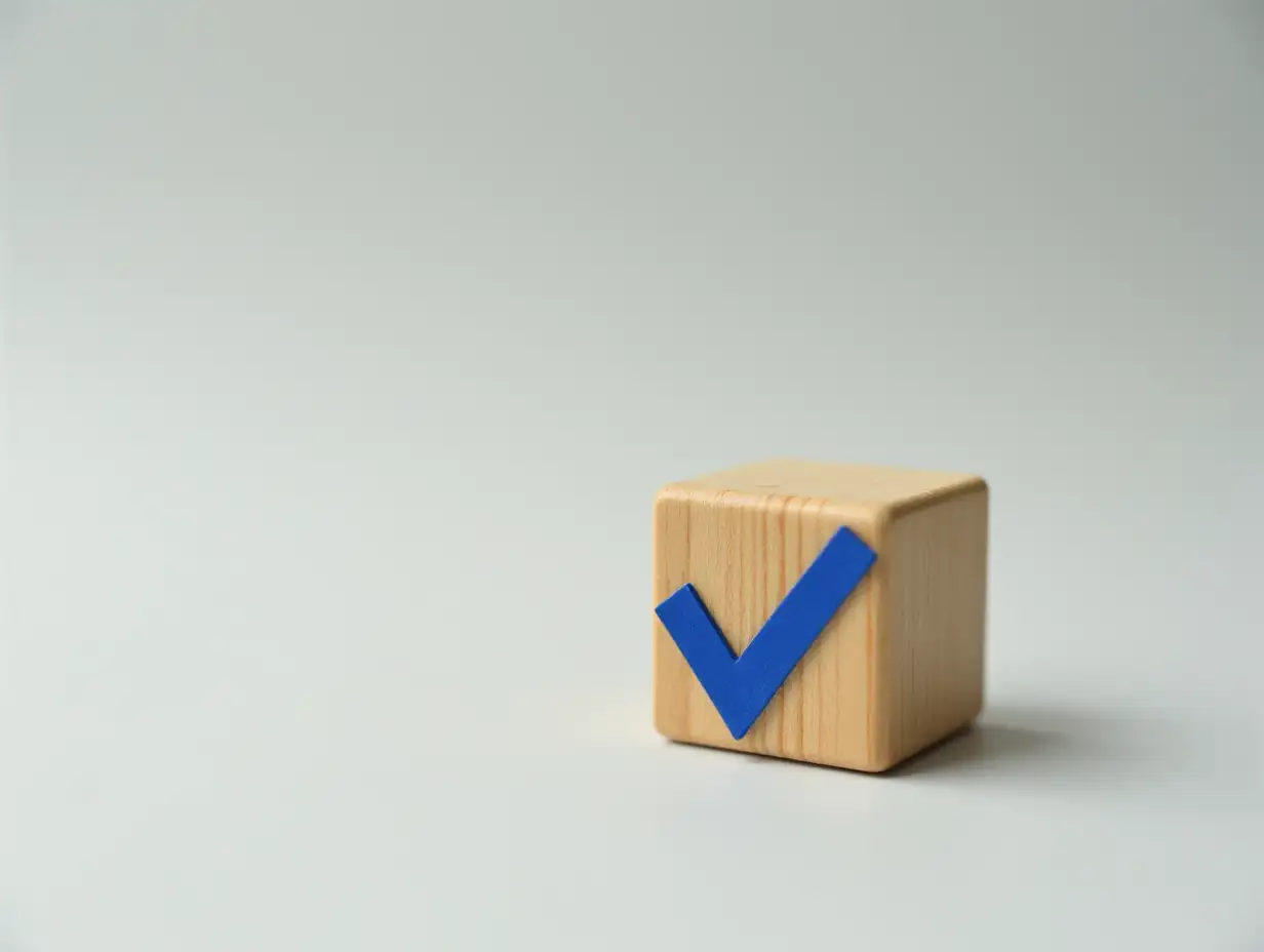 A wooden cube with a bold blue tick mark on one of its faces, symbolizing approval and confirmation. The cube rests on a neutral surface with soft lighting, creating a professional and clean composition. This image is ideal for articles about democracy, elections, voting rights, and civic freedoms.