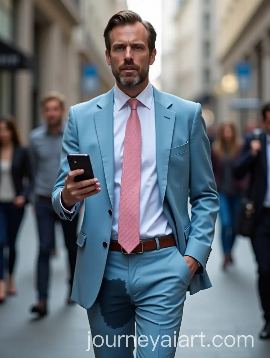 Man-in-Light-Blue-Suit-with-Financial-Transaction-Confirmation-in-Busy-City-Street