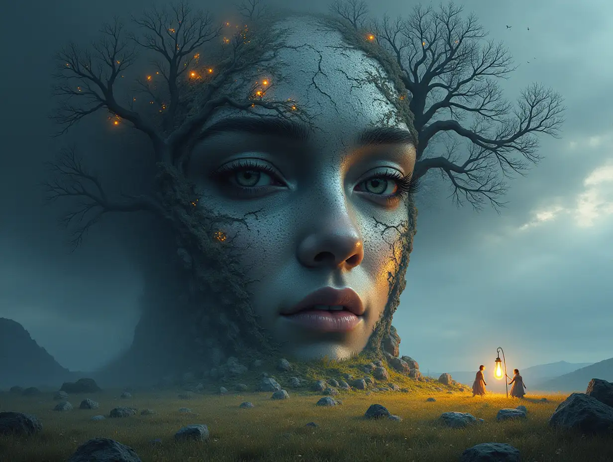 Creating a digital painting of a face with hair transforming into a building with silver stone and Illuminated trees with roots and lantern and alien creatures on a meadow