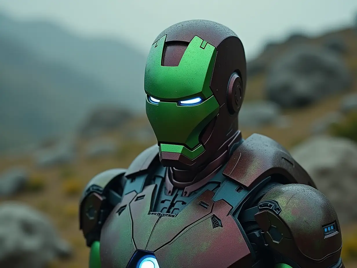 Iron Man with green,chrome costume face stands on a rock 4K resolution