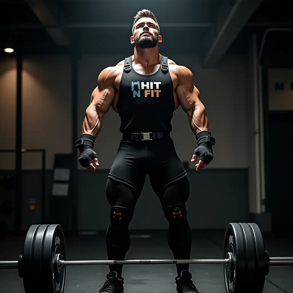 A highly detailed, ultra-realistic image of a muscular, handsome powerlifter standing tall in a gym with an intense look, gazing upward with determination. He has a chiseled physique and is wearing a black squat suit with reinforced straps, gloves, and knee sleeves. The suit prominently features the 'HIT N FIT' logo in a stylish placement. In front of him, near his feet, a fully loaded barbell rests on the gym floor, symbolizing his next big lift. The lighting is dramatic, casting strong shadows to emphasize his muscle definition. The background showcases a modern, industrial-style gym with a raw, motivational atmosphere.