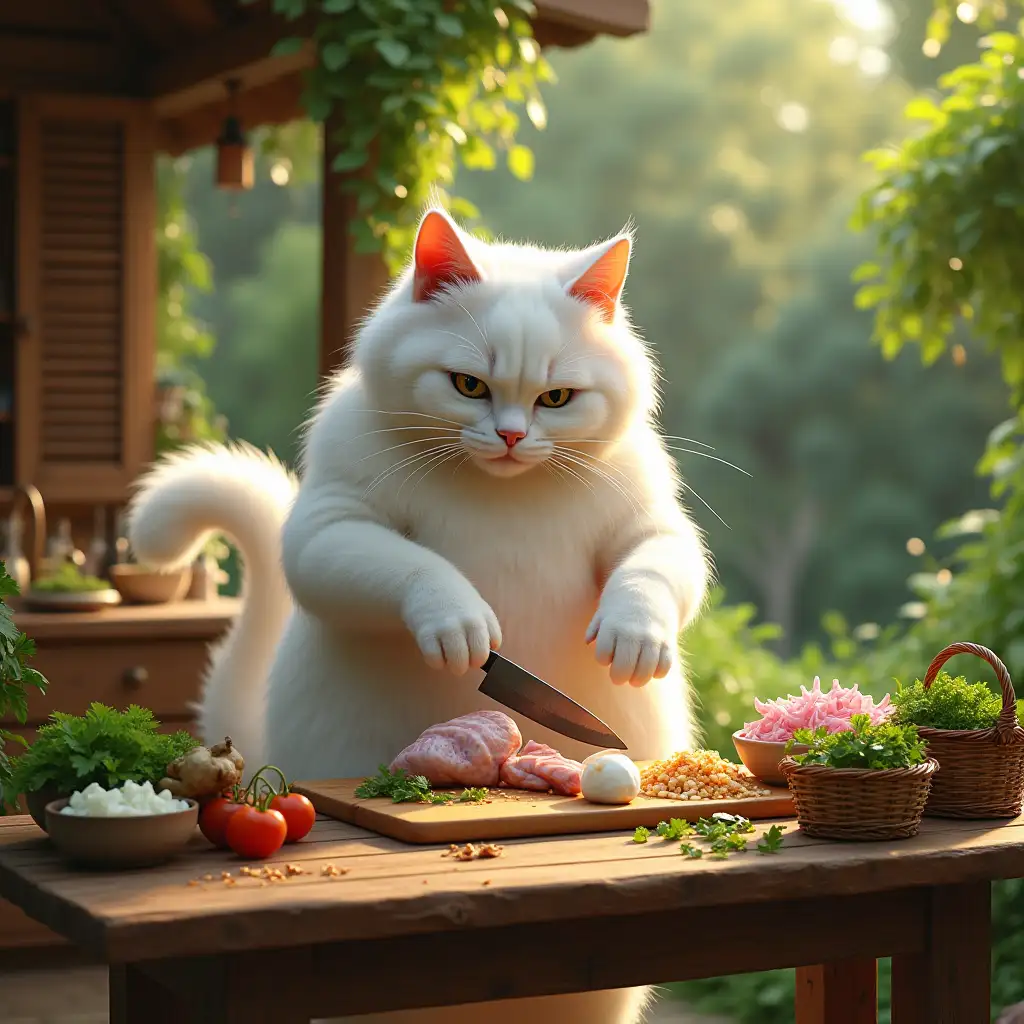 a very large funny creature anthropomorphic white cat  stands upright at a rustic wooden table in an outdoor kitchen surrounded by lush green gardens. Its thick, pristine white fur contrasts beautifully with the vibrant scene, and its fluffy tail curls dramatically behind it. The cat is not wearing a chef’s hat at this stage. It is holding a sharp knife in its oversized right paw, slicing a raw chicken thigh on a sturdy wooden cutting board. Its left paw stabilizes the chicken. Scattered around the table are key ingredients for chicken biryani: bowls of diced onions, minced garlic, fresh ginger, chopped tomatoes, and a plate of marinated chicken. Nearby, a small wicker basket overflows with fresh cilantro, mint, and green chilies. Soft sunlight filters through the trees, casting a warm glow on the rustic wooden cottages in the background. The air feels alive with the scent of fresh herbs and raw spices.