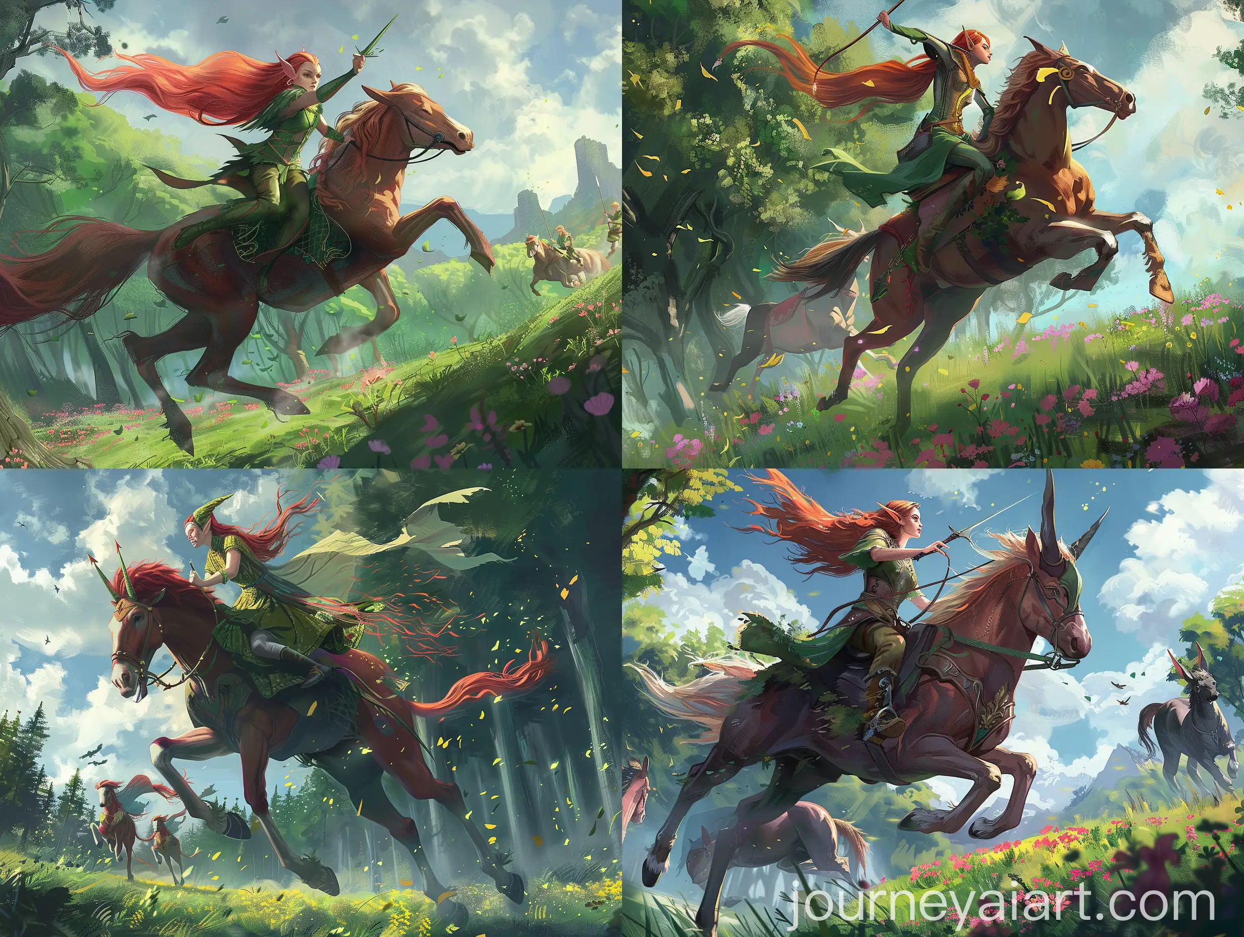 Red-Haired-Elf-Riding-Centaur-Through-Meadow