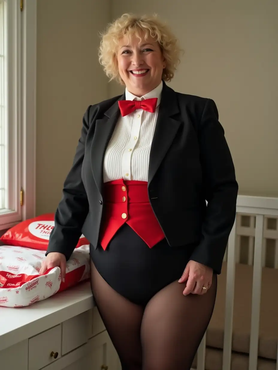 Smiling-Caucasian-Woman-in-Tuxedo-Next-to-Changing-Table