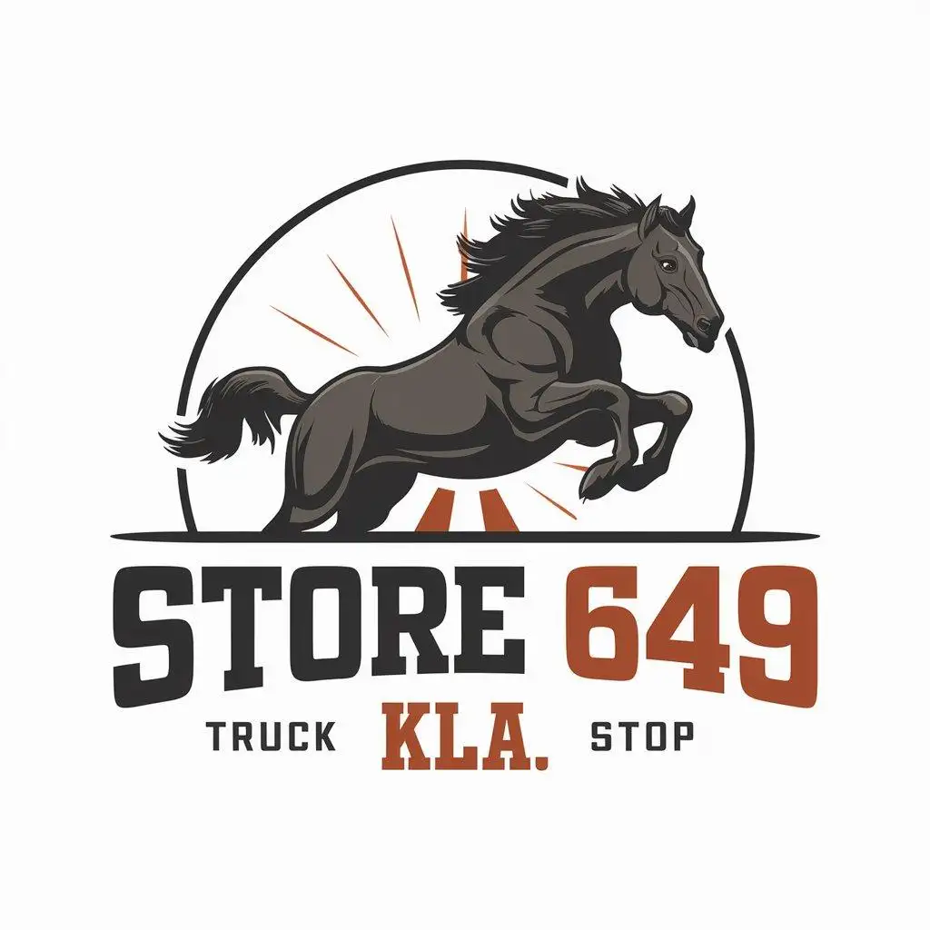 a vector logo design,with the text "STORE 649 KLA", main symbol:black stallion, (((Cleavleand Browns football team colors))), Black Stallion leaping at viewers, ultra detailed, ultra realistic.,Minimalistic,be used in Truck stop industry,clear background