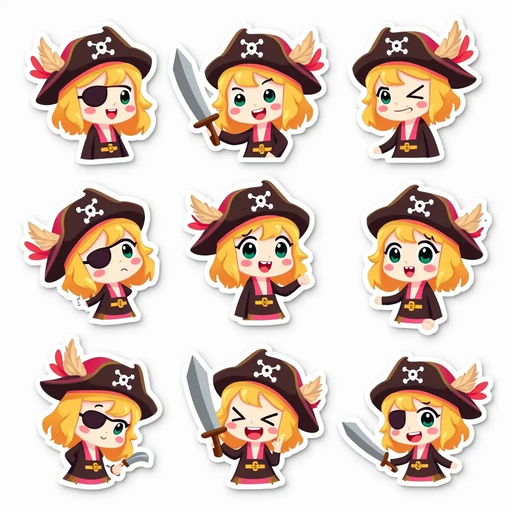 Pirate Girl sticker Pack presents a cute and funny cartoon pirate girl who is always ready for adventure. She wears a pirate hat with feathers and a pink eyepatch, and her green eye is always ready to see everything interesting.nStyle: Cartoon, cute, with a slight hint of hooliganism and boldness. The girl looks cheerful and mischievous.nBasic emotions: Joy: The girl laughs, and her green eye sparkles with joy.nSurprise: A girl with an open mouth and a bulging green eye.nAnger: The girl is frowning, and her green eye is directed at the “enemy”.nSadness: The girl is sad, and her green eye looks down.nLove: The girl blows a kiss and smiles.nShame: The girl blushes and hides her face behind her hands.nAnger: The girl frowns and shakes her fist.nDoubt: The girl folds her hands and looks doubtful.nFatigue: The girl yawns and rubs her eye.nVictory: The girl raises her sword and shouts “Hooray!”.nDefeat: The girl falls face down