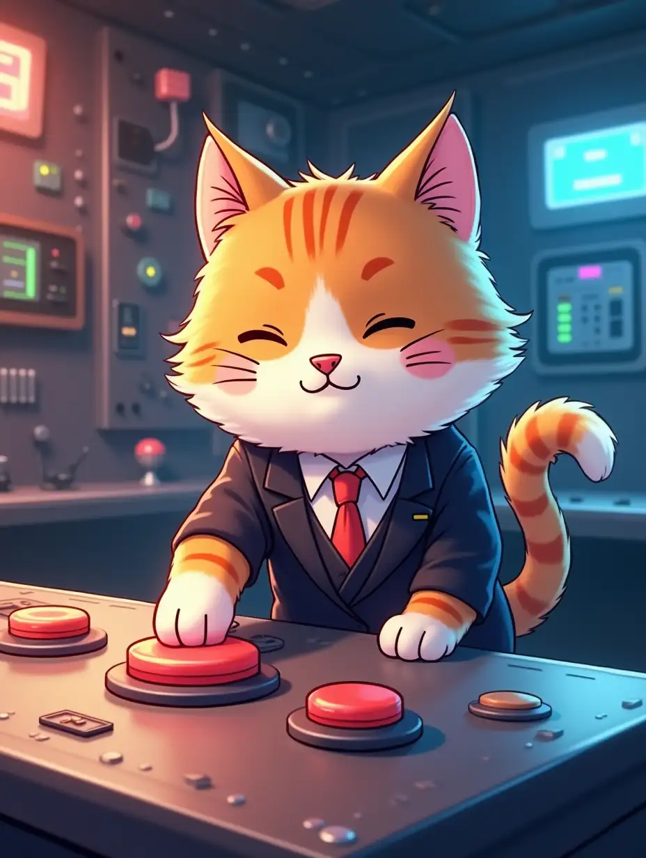 kawaii positive fluffy anime style fluffy multicolored an engineer cat in a formal suit presses a red button on a large shiny metal table with buttons and indicators in a spacious, bright room with walls of panels dotted with colorful lamps, instruments and indicators with atmosphere of magical glow, paint in anime style