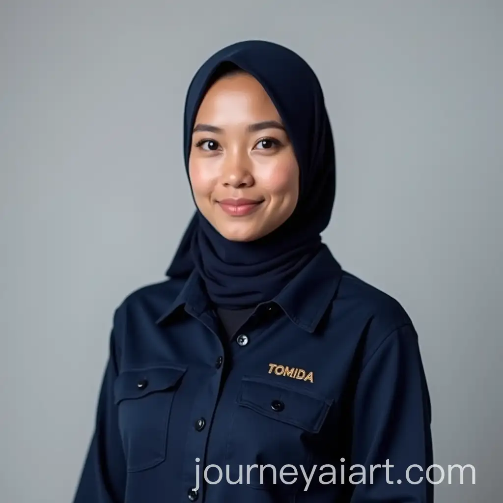Studio-Portrait-of-Beautiful-Indonesian-Woman-in-Navy-Blue-Hijab-and-Polo-Shirt