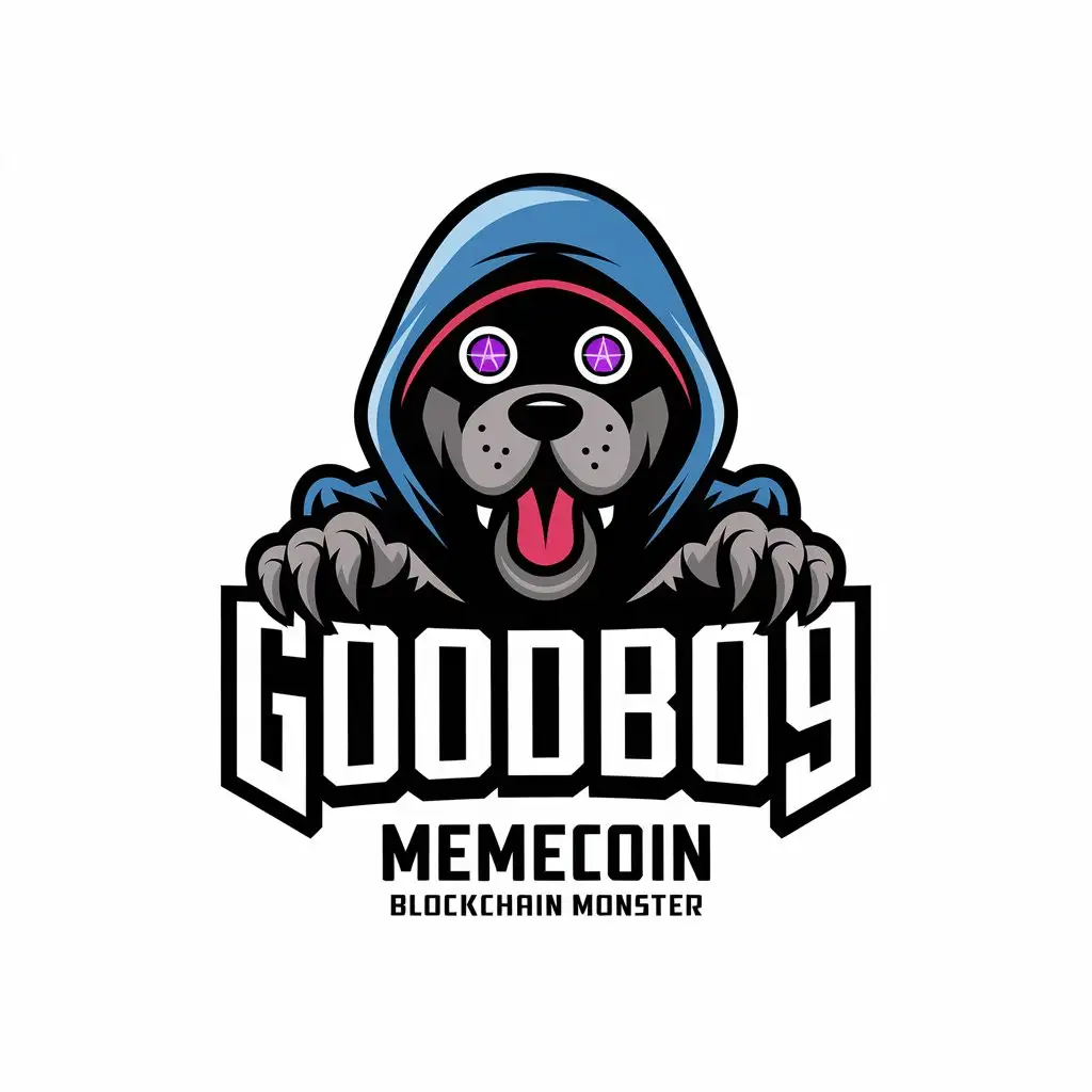 a vector logo design,with the text "goodboi69", main symbol:Crazy dog in the hood with number 69, with laser eyes, goodboi, memecoin, blockchain monster,complex,be used in Finance industry,clear background