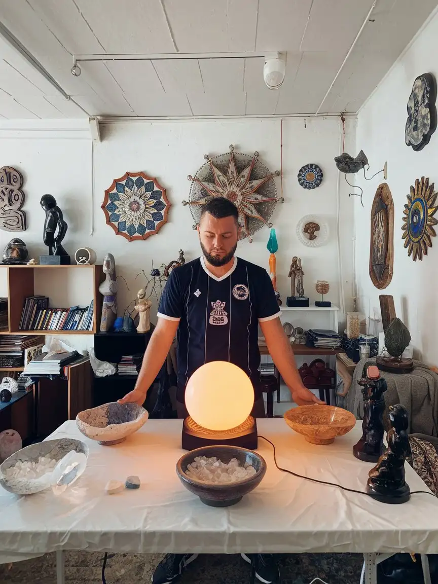 a funny guy with a football fan shirt looking at a glowing sphere with cristal bowls on a table, a messy room in the back, sculptures and mandalas on the walls