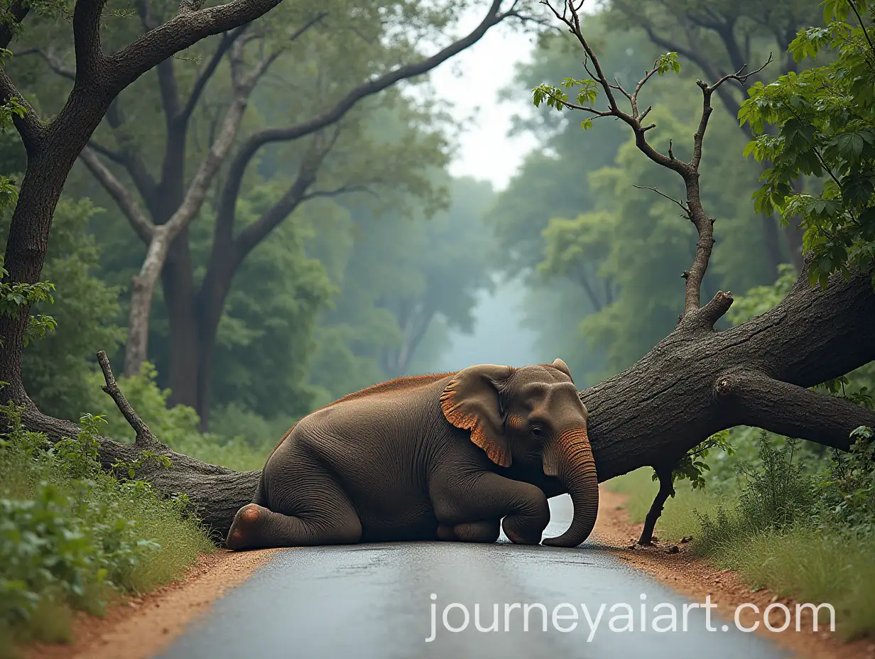 Elephant-Trapped-by-Fallen-Tree-on-Village-Road-with-Stopped-Cars
