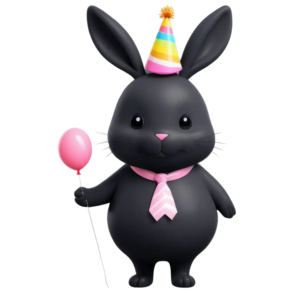 Cute-Cartoon-Black-Bunny-with-Party-Hat-Holding-a-Balloon-PNG-Image-for-Fun-Celebrations