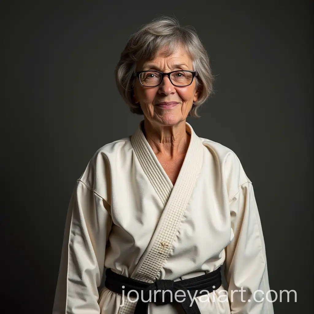 60YearOld-Woman-in-Broken-Karate-Gi-with-Bruce-Lee-and-Black-Belt-Inscribed-RAMONA