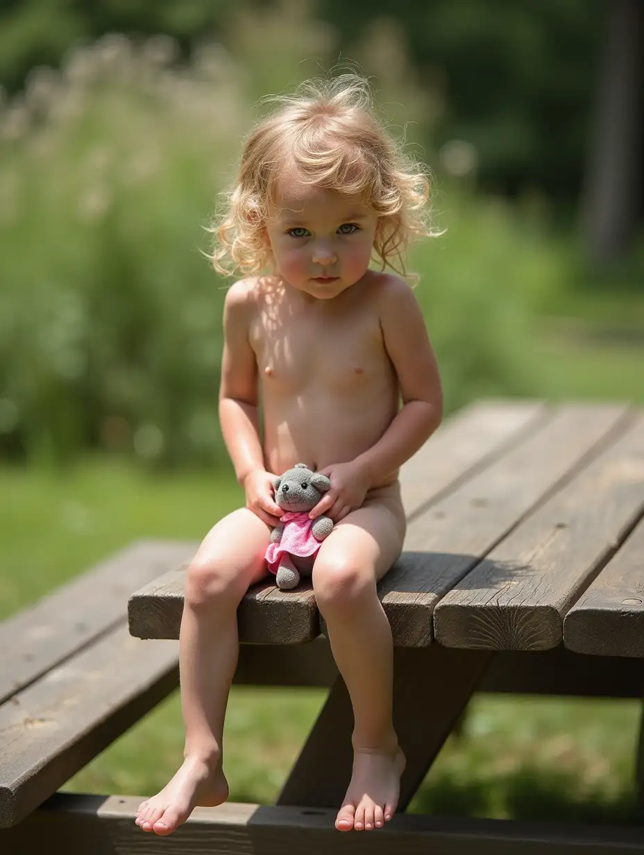 Young-Girl-with-Curly-Blonde-Hair-Sitting-on-Picnic-Table-Holding-Stuffed-Animal